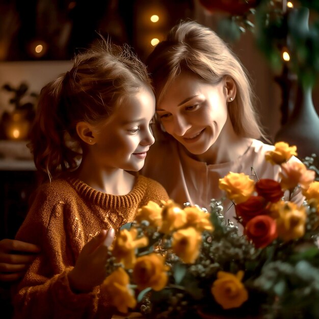 Photo une mère et sa fille regardent un bouquet de fleurs.