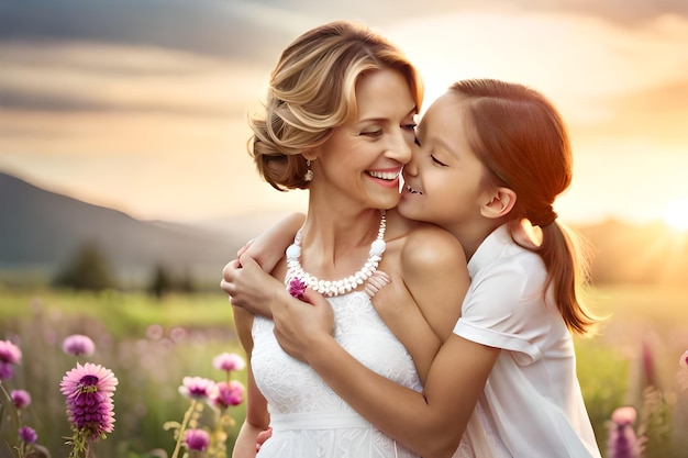 Une mère et sa fille s'embrassent dans un champ de fleurs.