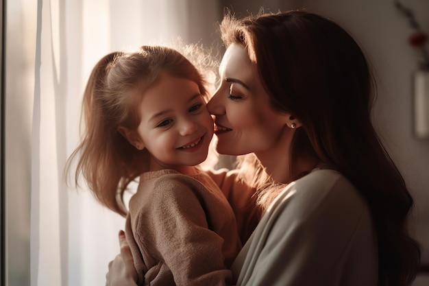 Une mère et sa fille se font un câlin et le mot amour est sur le devant de la photo.