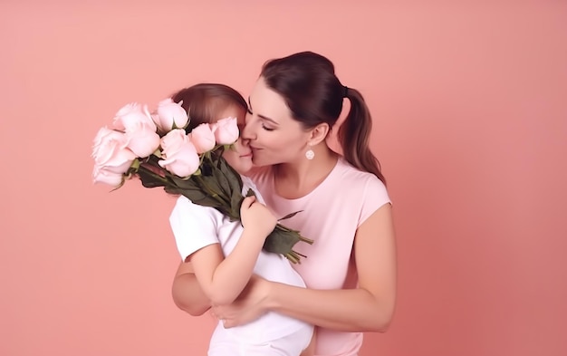 Une mère et sa fille se serrant les coudes avec des roses roses sur fond rose.