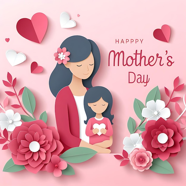 une mère et sa fille se tiennent la main et un fond rose avec des cœurs et des fleurs