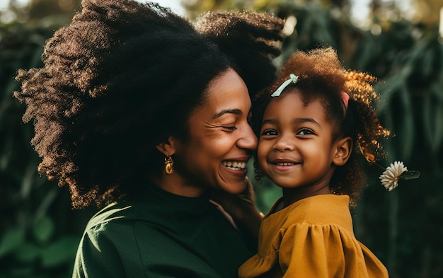 Une mère et sa fille sourient et s'embrassent.