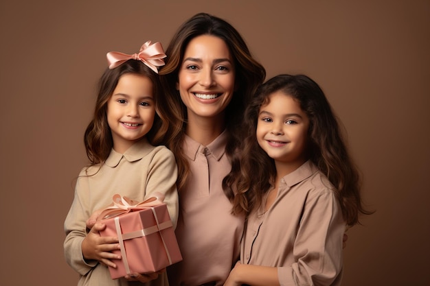 Une mère et sa fille en vêtements de fête tenant des cadeaux dans les mains