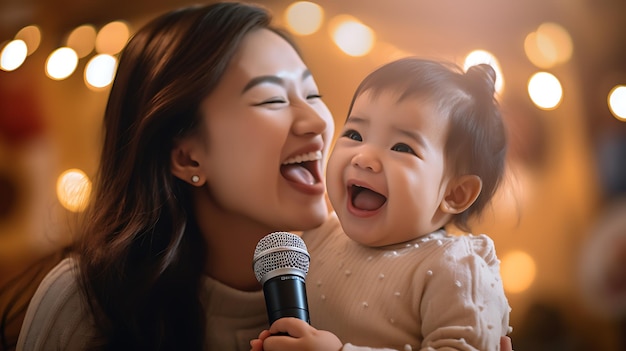 Une mère et sa petite fille chantent dans le microphone créé avec la technologie d'intelligence artificielle générative