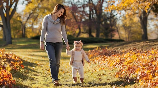 Mère avec sa petite fille qui se promène dans le parc