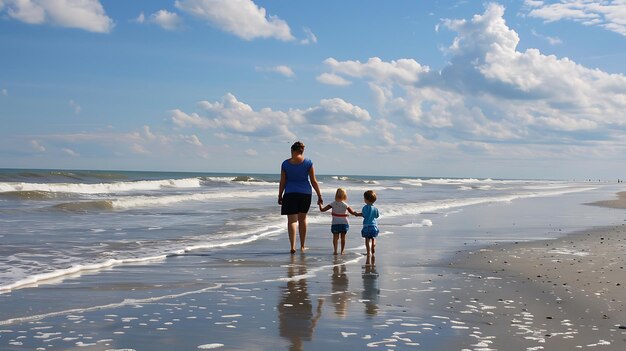 Une mère et ses deux enfants se tiennent par la main sur la plage.