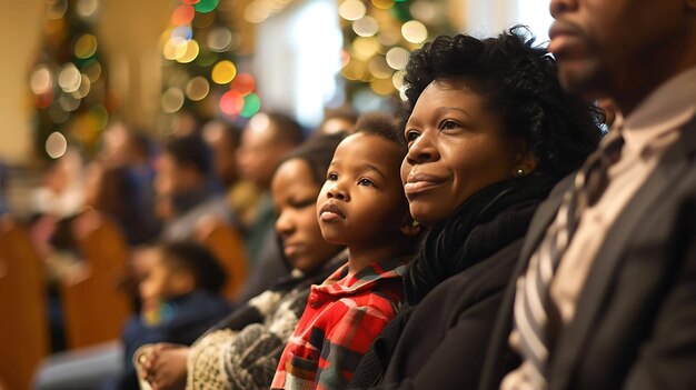 Une mère et ses deux enfants sont assis dans une église la mère sourit et regarde ses enfants