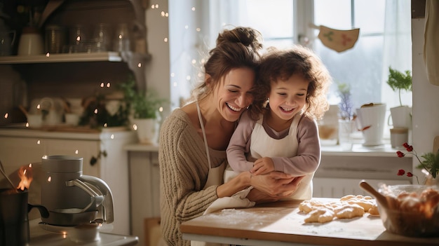 Photo une mère et ses enfants cuisinent dans une cuisine.