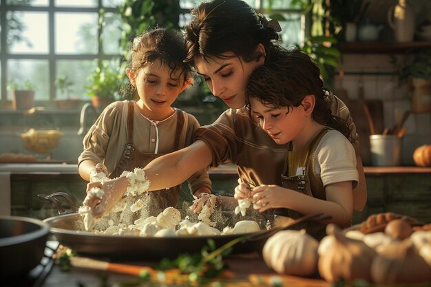 Photo une mère et ses enfants préparent de la crème glacée.