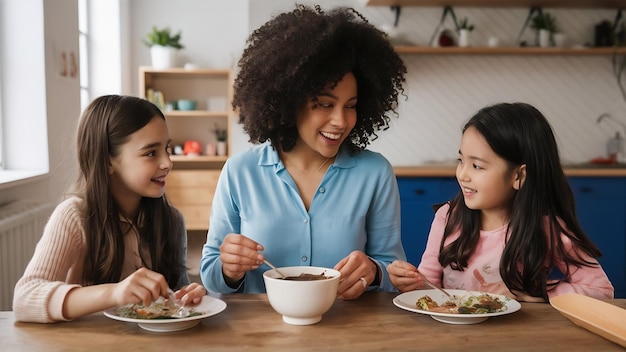 Mère avec ses filles à table