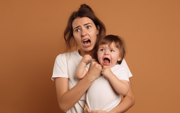 Une mère et son bébé crient à la caméra.