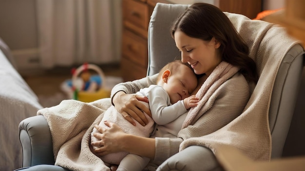 Mère avec son bébé qui dort dans la chambre.