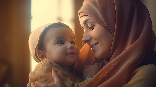 Une mère et son bébé regardent la caméra.