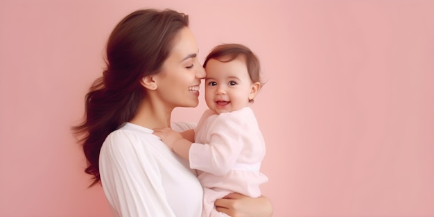 Une mère et son bébé se tiennent devant un mur rose.