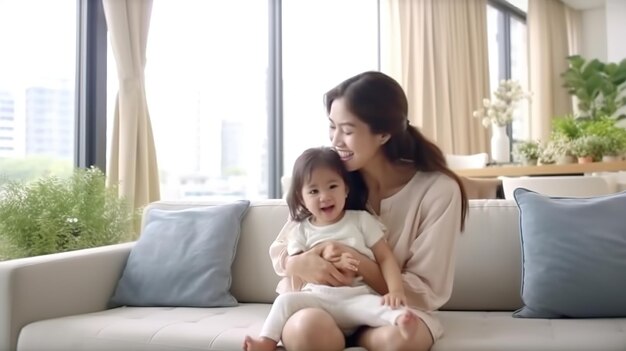 Une mère et son bébé sont assis sur un canapé et sourient à la caméra.