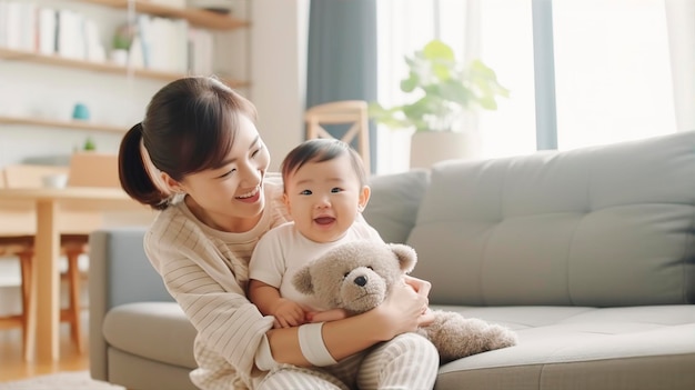 Une mère et son bébé sont assis sur un canapé et sourient.