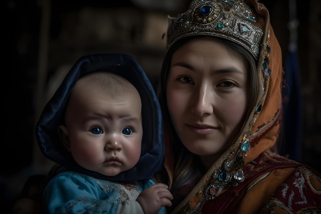 Une mère et son bébé sont photographiés dans une pièce sombre.