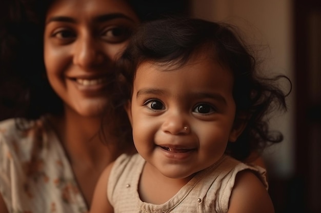 Une mère et son bébé sourient à la caméra.