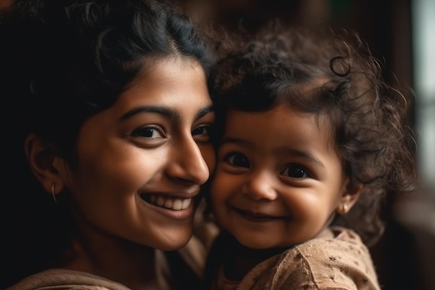 Une mère et son bébé sourient à la caméra.