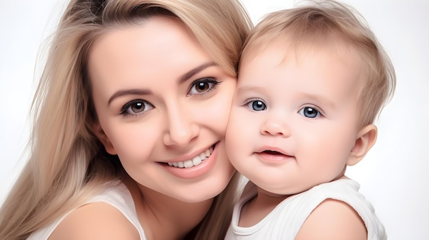 Une mère et son bébé sourient et regardent la caméra.