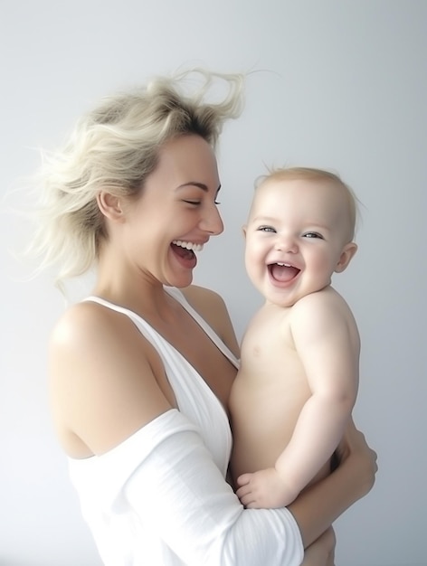 Une mère et son bébé sourient et rient.