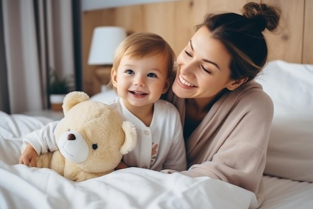 une mère et son bébé sourient en tenant un ours en peluche