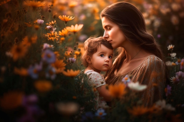 Une mère et son enfant dans un champ de fleurs