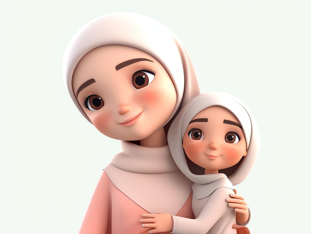 Une mère et son enfant avec un hijab rose