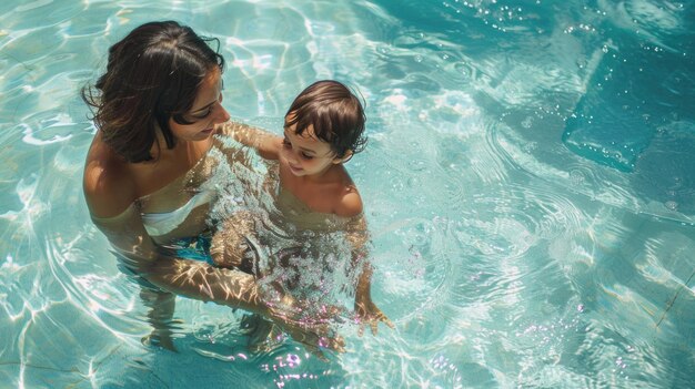 Une mère et son enfant jouent dans la piscine.