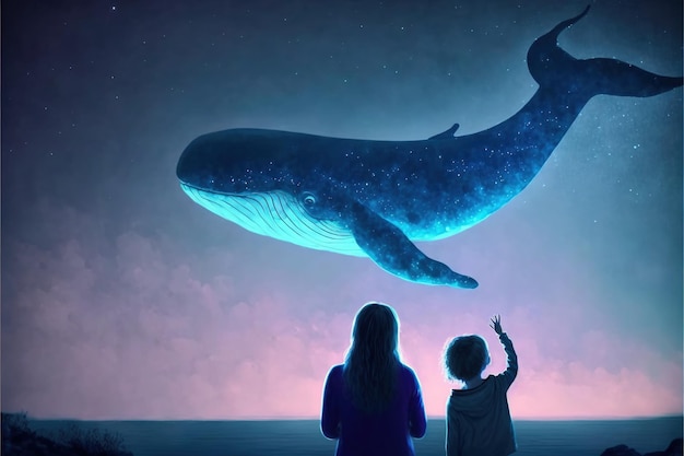 Mère avec son enfant Mère et fille regardant la baleine avec une lumière bleue volant dans le ciel nocturne Peinture d'illustration de style d'art numérique