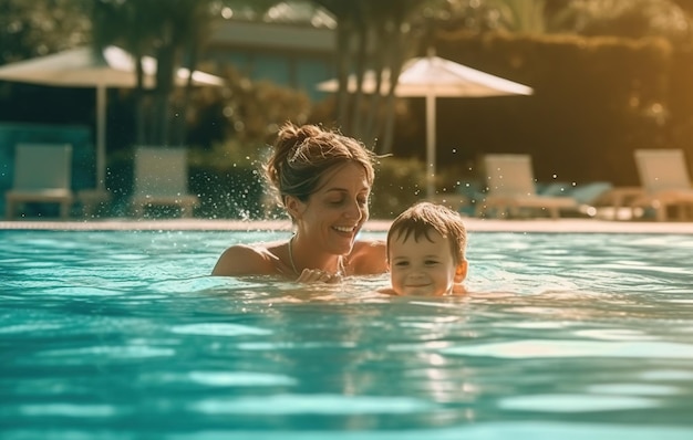 Une mère et son enfant nageant dans une piscine