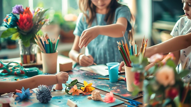 Photo une mère et son enfant peignant avec un pinceau et une tasse de peinture