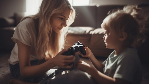 Une mère et son fils jouent ensemble à un jeu vidéo