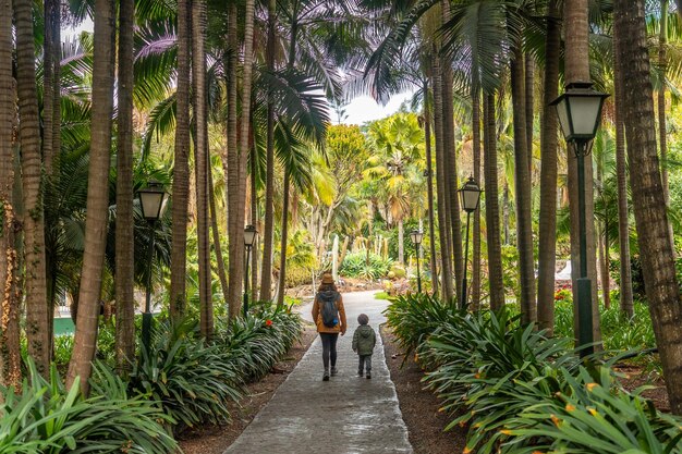 Une mère avec son fils se promènent dans un jardin botanique tropical avec de nombreux palmiers concept de vacances en famille dans un beau paysage au printemps