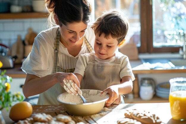 Une mère et son fils se réjouissent de cuisiner ensemble