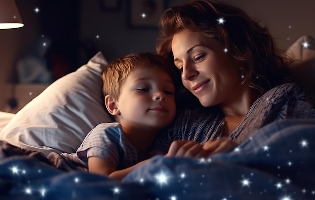 Une mère et son fils sont allongés dans leur lit et regardent les étoiles dans le ciel nocturne.