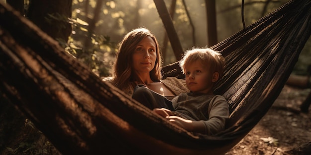 Une mère et son fils sont assis dans un hamac dans une forêt