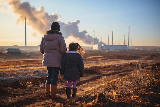 Photo mère et son pâte à la recherche de la fumée d'usine concept de pollution ia générative