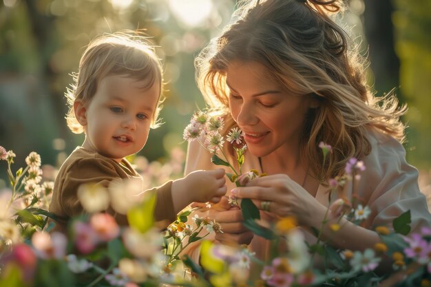 Une mère et son petit jouissent d'un moment réconfortant ensemble dans un jardin de fleurs en fleurs au coucher du soleil