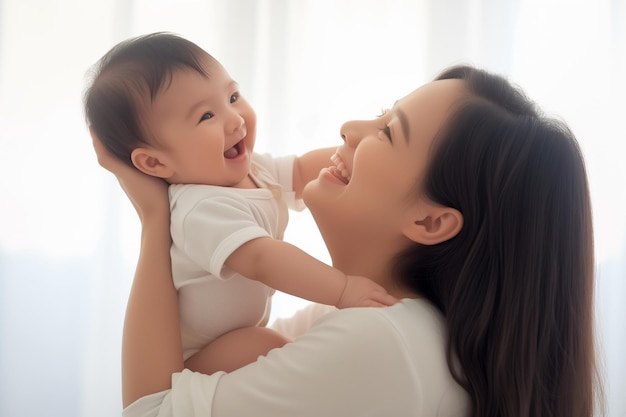 mère soulevant son adorable nouveau-né en l'air