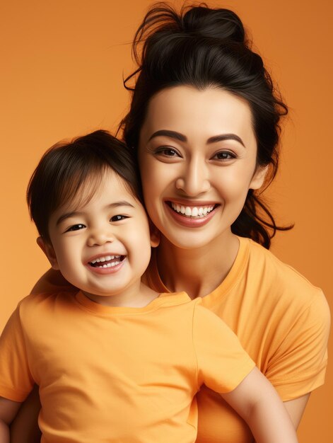 Mère souriante à la mode tenant son enfant sur un fond d'amour de couleur solide