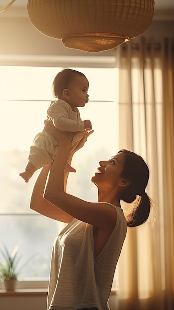 Une mère tenant son bébé en l'air