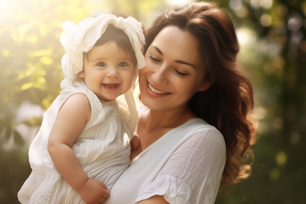 une mère tenant son bébé au fond de style bokeh