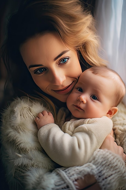 Une mère tenant son bébé avec un chandail blanc