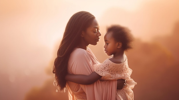 Une mère tient son bébé dans une robe rose.