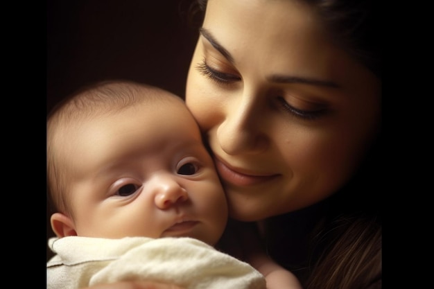 Une mère tient son bébé et sourit.