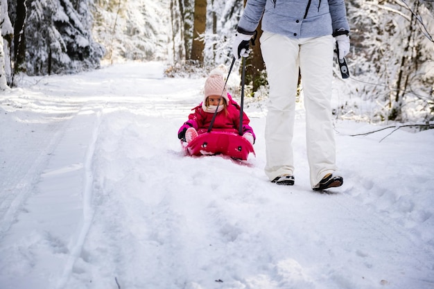 Mère tirant un bébé sur un traîneau à travers la forêt d'hiver