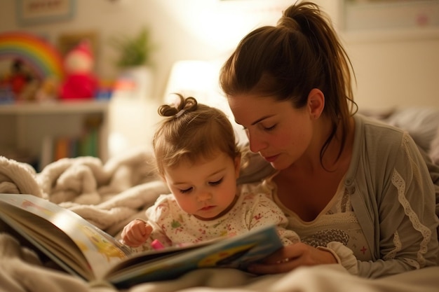 Mère et tout-petit s'amusent d'une histoire à l'heure du coucher générée par l'IA