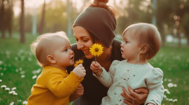 Mère avec des tout-petits jumeaux soufflant un pissenlit rouge dans le parc verdoyant Generative AI