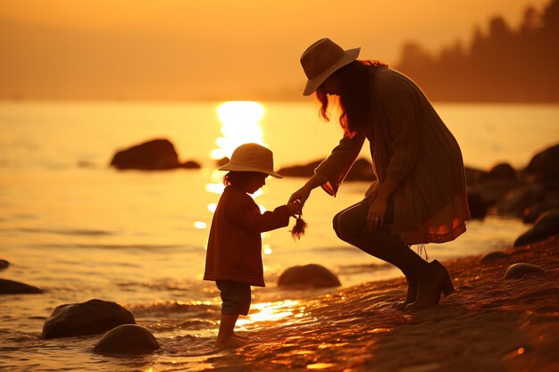 La mère Vesila se lie à son enfant en passant du temps ensemble à la plage.